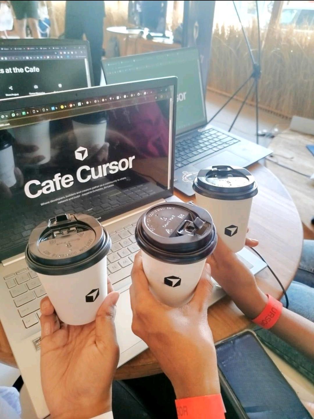 Three Cafe Cursor coffee cups raised over a laptop showing the Cafe Cursor Colombo page